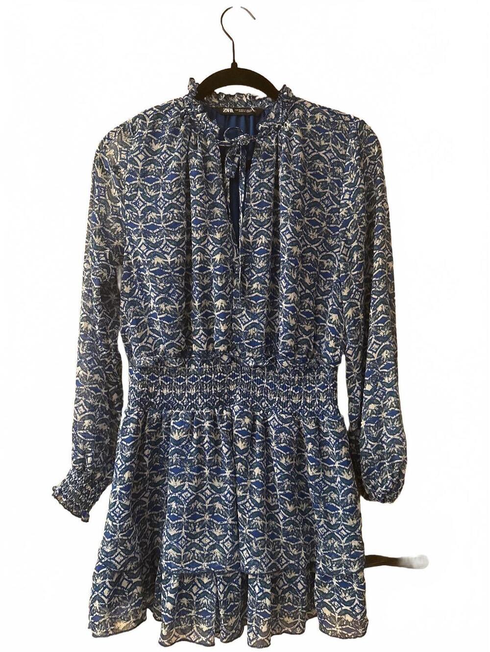 Zara Blue Patterned Long Sleeve Mini Dress with Smocked Waist